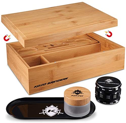 Large Wooden Stash Box with Stash Jar, Grinder, Lock and Rolling Tray