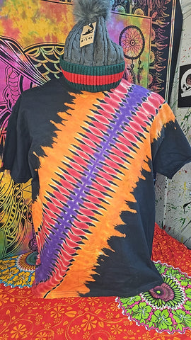 Tie Dyed Twice T-Shirt-Lots of Orange & Red/Purple Accordion-Black Background- Size EXTRA Large
