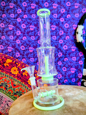 14" Glass Waterpipe Straight Neck Double Chamber Dual Perc & Mint Green Accents-RS354