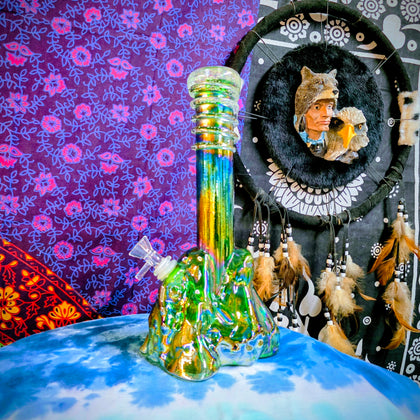 11" Soft Glass Eagle Waterpipe-Glass on Glass-Iridescent Bright Green-Glow In The Dark-SG11A