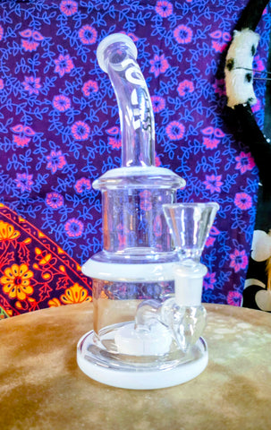 10” Rock Glass Single Perc Bent Neck Barrel Style Waterpipe w/ White Accents-RS548