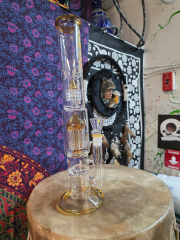 16” Rock Glass Clear Triple Perc Waterpipe  w/ Ice Catch & Amber Accents-RS431