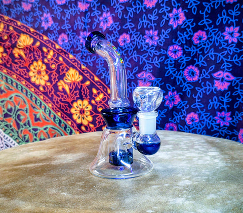 6” True Glass Single Perc Bent Neck Waterpipe-Blue Accents-GWP182