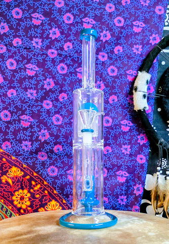 14” Glass Dual Perc Waterpipe w/Teal Accents-RS549