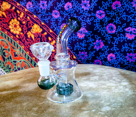 6"  Rock Glass Bent Neck Hourglass Shape Waterpipe-Teal Accents-GWP322