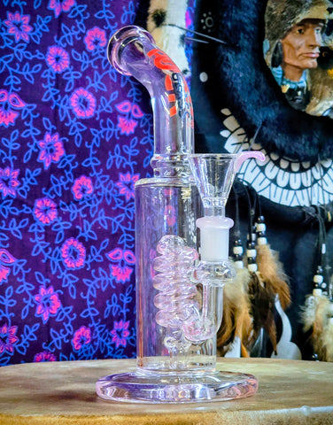 10” Rock Glass Single Spiral Perc Bent Neck Waterpipe w/ Pink Accents-RS563
