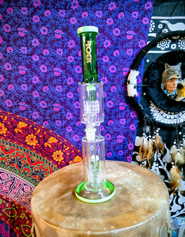 16” Rock Glass Dual Perc Hourglass Waterpipe Green Accents-RS332