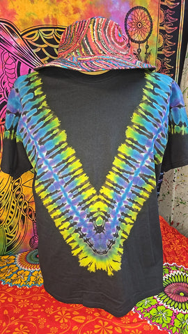 Tie Dyed Twice T-Shirt-Lots of Yellow, Blue, & Purple V-Style-Black Background- Size EXTRA Large