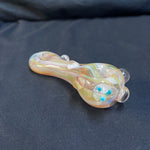 5" Glass handpipe Red/gold/cream/silver fumed mouthpiece w/bumps 3 teal spots