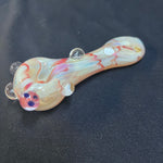 5" glass hand pipe red/cream/gold w/bumps three blue spots in front bump