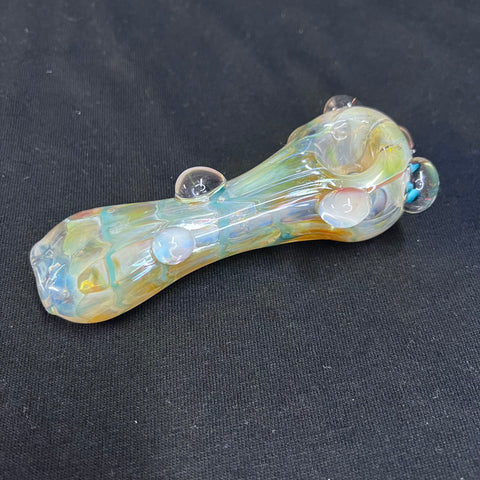 5" glass hand pipe teal/gold/cream/silver fumed w/ bumps three teal spots in front bump