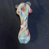5” glass hand pipe cream/blue/red/silver fumed w/bumps three baby blue dots on front bump