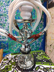 11" 2 Hose Hookah with White Hoses ,Clear Bottom with Black Band,Silver Swirl Middle