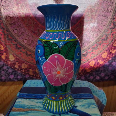 9.5" Blue & Multi-Color Vase-Talavera Pottery from Mexico