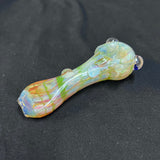 5" glass hand pipe green/orange/gold/silver fumed w/bumps three blue dots in front bump