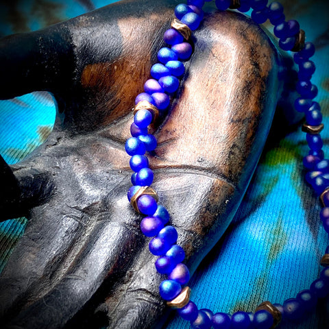 Iridescent Blue Beads with Copper Spacer Beads Stretch Bracelet