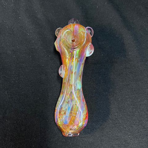 5" glass hand pipe pink/gold/silver fumed w/bumps three blue spots in front bump