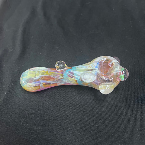 5" glass hand pipe teal/gold/pink w/bumps three green dots in front bump