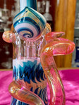 8.5” Blue/White Wig-Wag Pink Fumed/Spotted Sherlock Bubbler