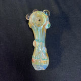 5" glass hand pipe teal/gold/cream/silver fumed w/ bumps three teal spots in front bump