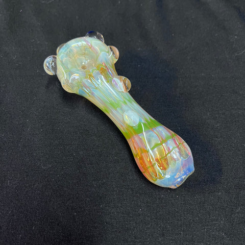 5" glass hand pipe green/orange/gold/silver fumed w/bumps three blue dots in front bump