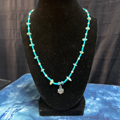 10.5" white pearled turquoise flower necklace handmade in Maine