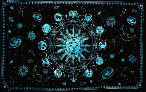 Zodiac Sun Moon Blue Twin Size Tapestry