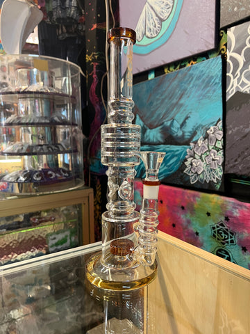 14" Rock Glass Straight Tube w/Ice Catcher/Showerhead Perc Waterpipe Amber Accent
