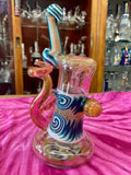 8.5” Blue/White Wig-Wag Pink Fumed/Spotted Sherlock Bubbler