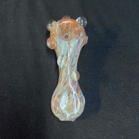 5” glass hand pipe pink/gold/orange/silver fumed w/bumps three green dots in front bump