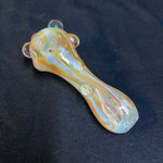 5" Glass handpipe Red/gold/cream/silver fumed mouthpiece w/bumps 3 teal spots