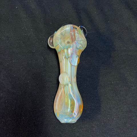 4.5" glass hand pipe teal/gold/pink/silver fumed w/ bumps One blue dot on front bump three teal dots on front