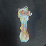 5" glass hand pipe teal/gold/pink w/bumps three green dots in front bump