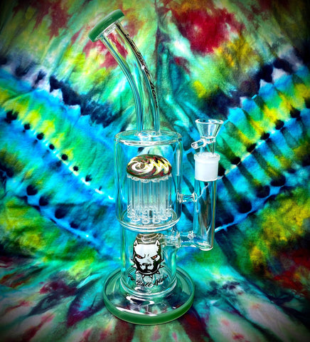 12" Pit Bull Glass Waterpipe Bent Neck Double Tree Perc Barrel Green/ Pink or Blue/Periwinkle Accents