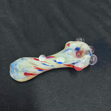 5” glass hand pipe cream/blue/red/silver fumed w/bumps three baby blue dots on front bump