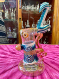 8.5” Blue/White Wig-Wag Pink Fumed/Spotted Sherlock Bubbler