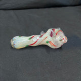 4” glass hand pipe cream/green/red/silver fumed w/bumps clear front