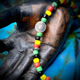 Silver Spiral Flower w/ Green,Black, Yellow,Red Beads Stretch Bracelet