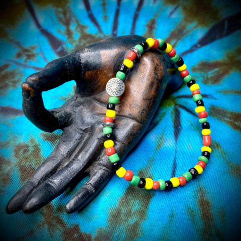 Silver Spiral Flower w/ Green,Black, Yellow,Red Beads Stretch Bracelet