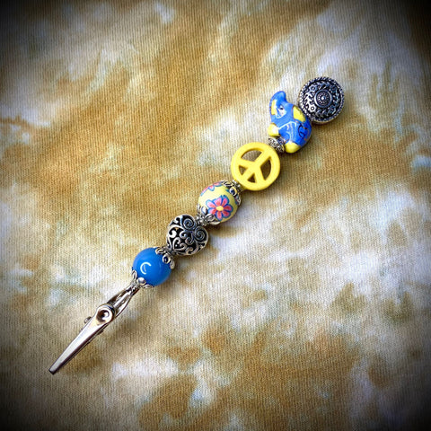 4.75" Blue/Yellow Elephant, Yellow Peace, & Silver Heart Beads Clip