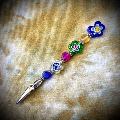 4.25" 3 Millefiori Flower Beads w/ Amber, Pink & Blue Beads Clip