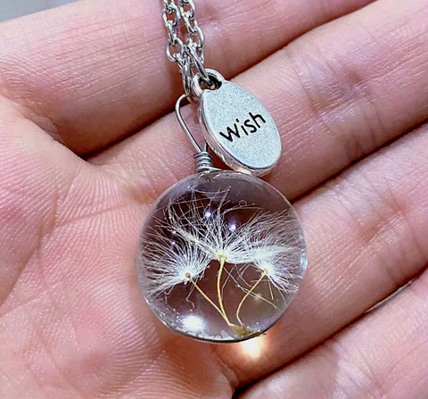 18.75" Round Enclosed Dandelion Seeds Pendant "Wish" Necklace