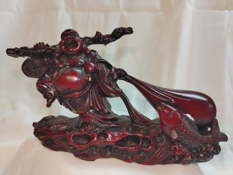 4" Red Resin Buddha w/ Bag, Stick & Fish Figurine