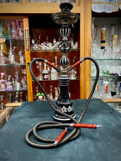 21.5" Double Hose Fancy Black Top/Dark Blue Base w/ Floral Pattern Hookah