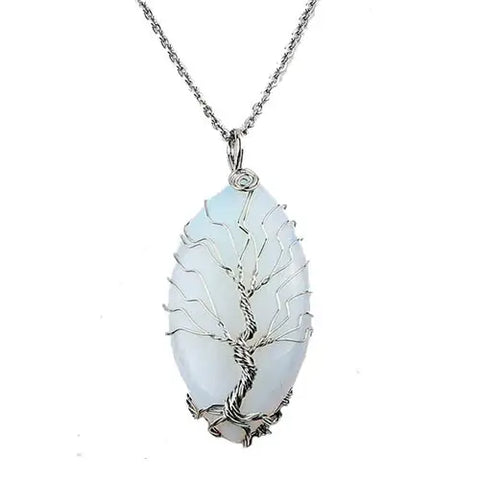 Tree of Life Necklace w/ Oval White Opal Stone