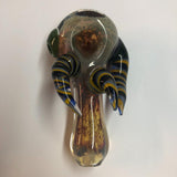 5.25" Fumed Frit Handpipe with Triple Yellow/Blue Striped Horns & Green Carb